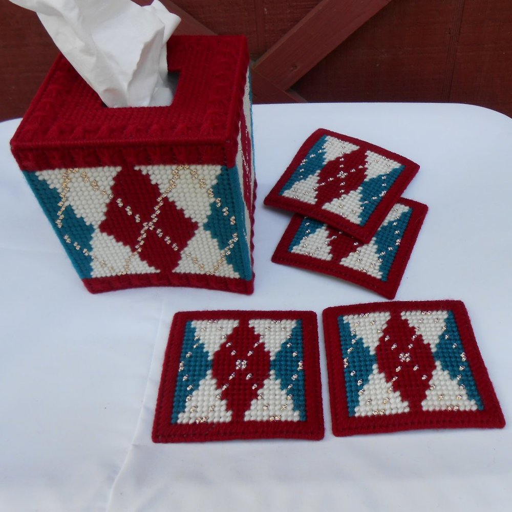 5 Pc Plastic Canvas Tissue Cover and Coasters Set